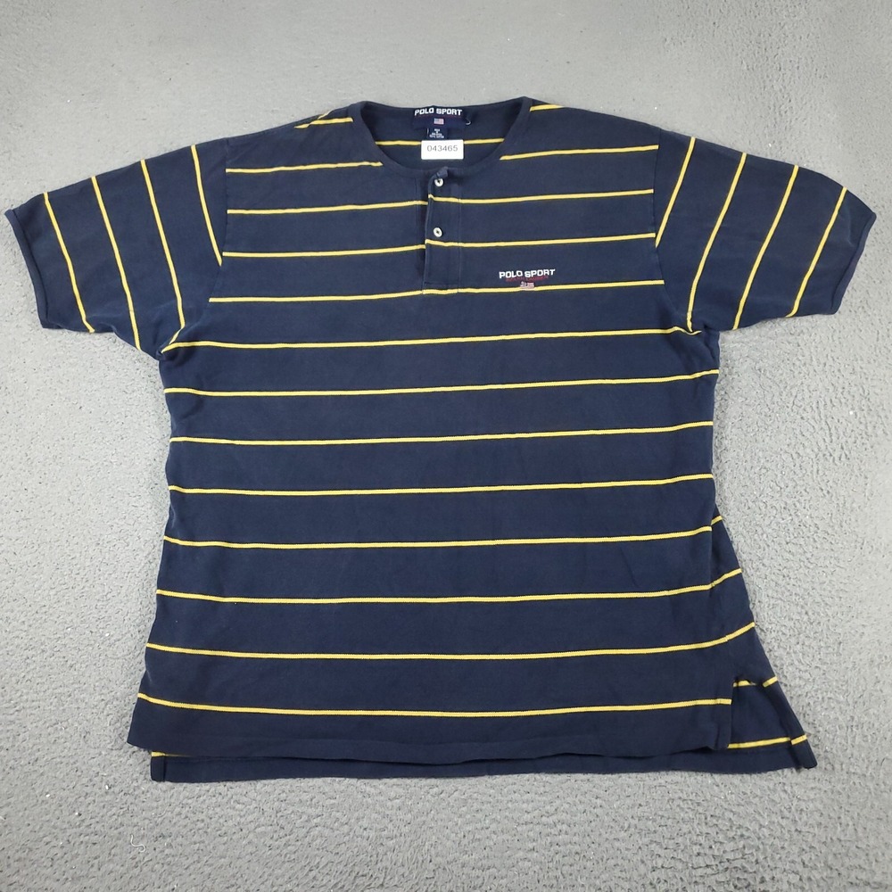 Ralph Lauren Polo Sport T Shirt Mens XL Blue Striped Henley Short Sleeve 043465